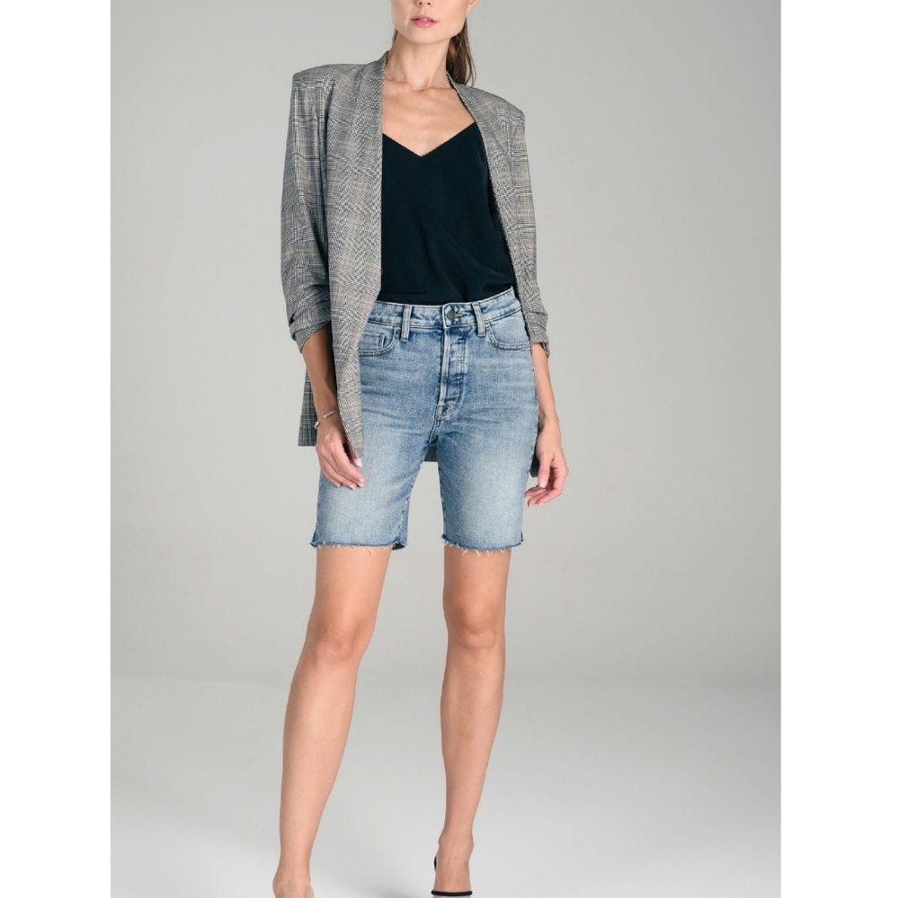 NEW Fidelity Pixie Ultra High Button Fly Long Jean Blue Shorts